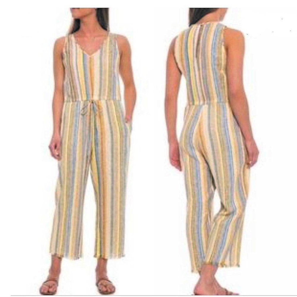 Drew Anthropologie Striped Linen Blend Sleeveless Raw Hem Jumpsuit - Picture 1 of 7